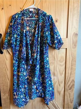 LuLaRoe Shirley Waterfall Multicolor Ikat Print Sheer Cardigan Peacock Kimono